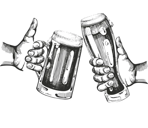 Vectorillustratie Met Twee Handen Met Bierglazen Hand Getekende Illustratie — Stockvector