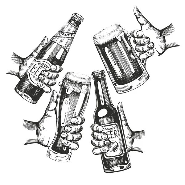 Четыре Руки Пивными Бутылками Ручные Рисунки — стоковый вектор
