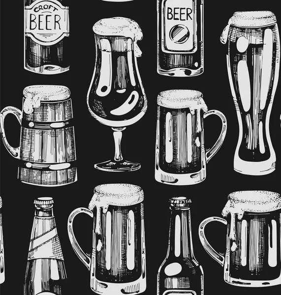 Modèle Sans Couture Avec Bière Sur Fond Noir Illustration Vectorielle — Image vectorielle