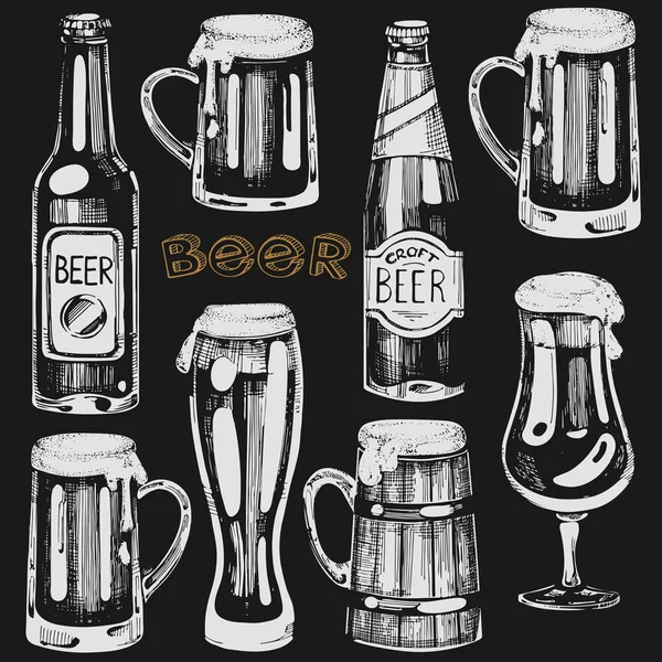 Set Vectores Con Ilustraciones Cerveza Sobre Fondo Negro — Archivo Imágenes Vectoriales