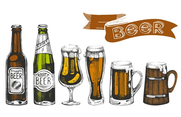 Color Vector Collection Bootles Glass Beer White Background — Stock Vector
