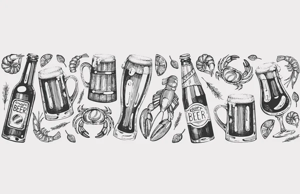 Bira bootles ve cam ve deniz gıda ile vektör arka plan