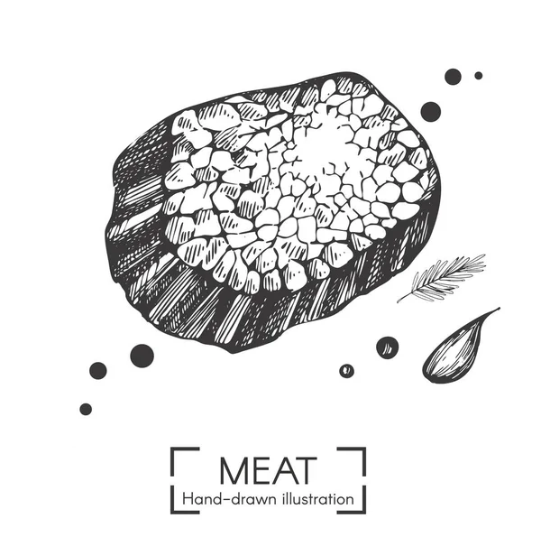 ベクター イラストを使用した手白の背景に描かれたステーキ — ストックベクタ