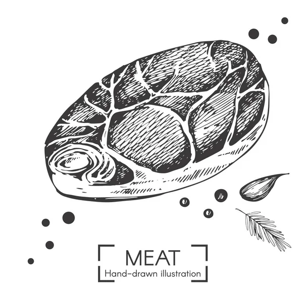 Handgezeichnete Illustration Mit Fleischsteak Auf Weißem Hintergrund — Stockvektor