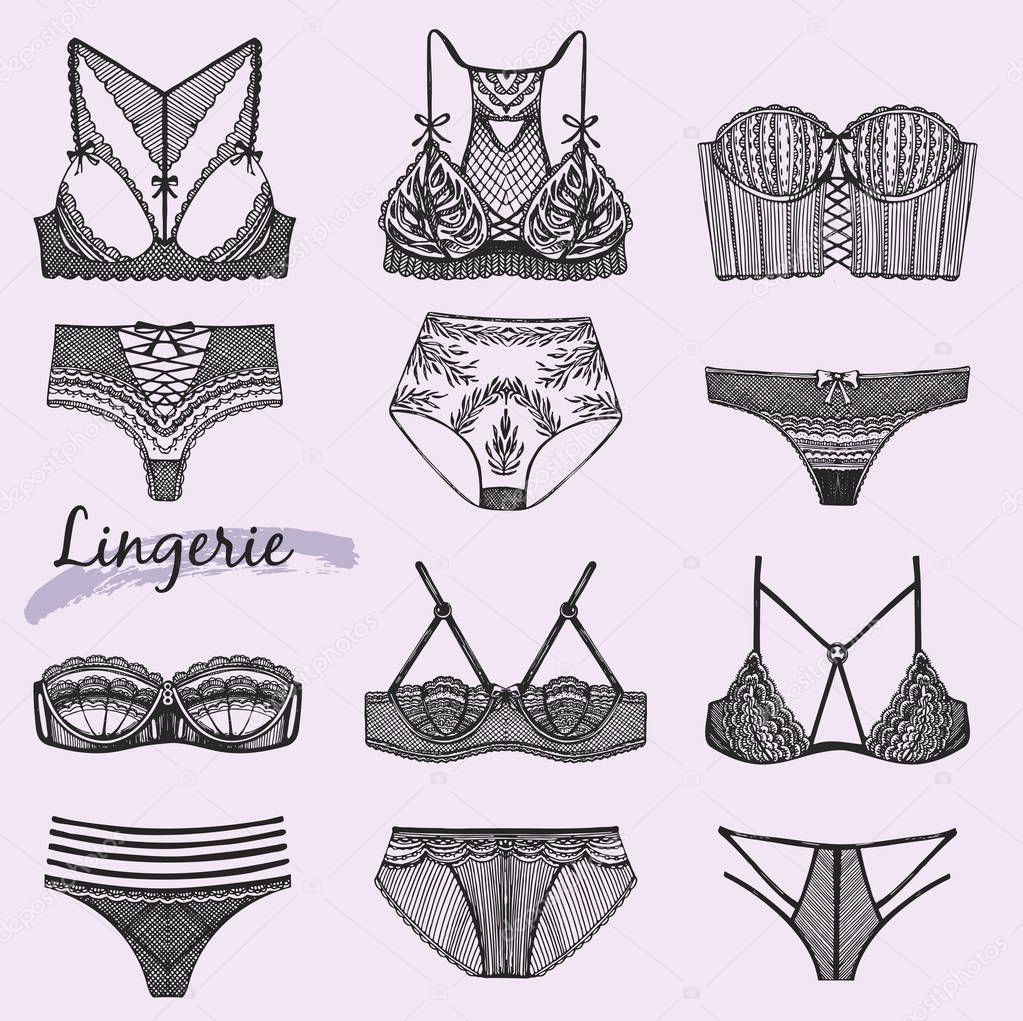 Vector collection of lingerie. Bra and panties doodle illustrations.