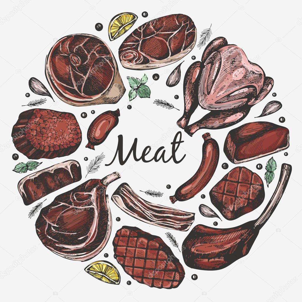 Vector circle set with color meat products on the white background
