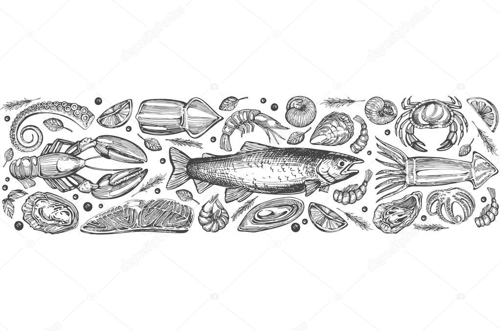 Seamless pattern with sea food for you design on the white background