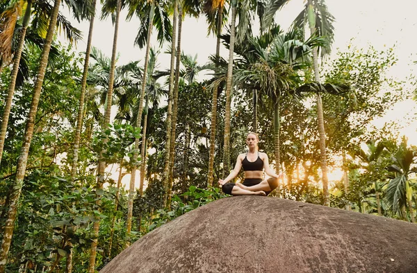 Genç kız ormanda gün batımında yoga yaparken — Stok fotoğraf