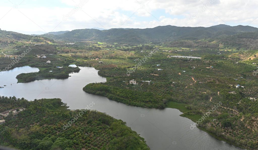 Hainan Island panorama aerial view. China Hainan island, city of Sanya