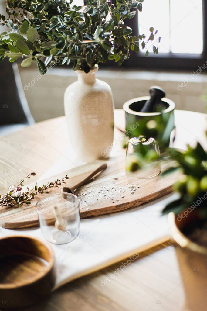 still life, kitchen table, wooden board, vase, honey