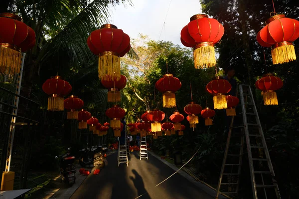 preparing for the Chinese New Year. Red lanterns decorations