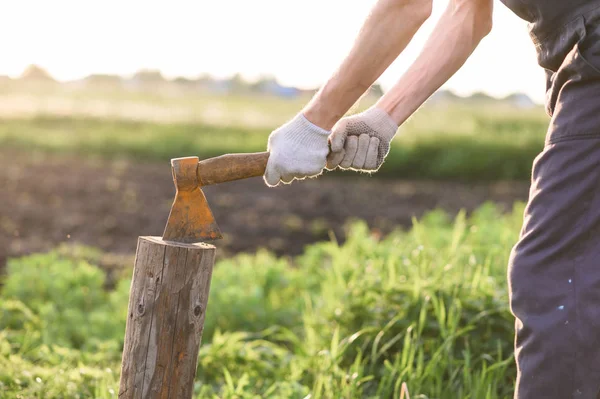 De mens is hakkend hout met vintage bijl. Close-up, zonsondergang — Stockfoto