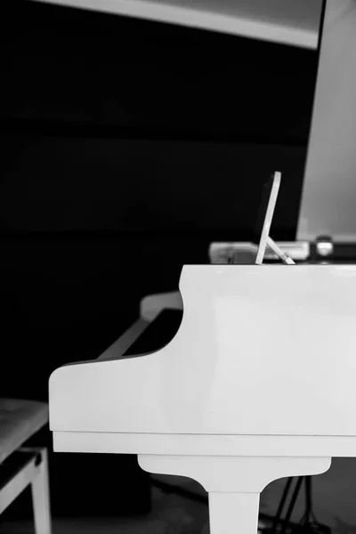 White piano. white grand piano side view. Black and white photography — Stock Photo, Image