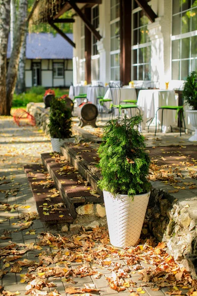 Una bonita entrada de una casa de lujo sobre el paisaje al aire libre — Foto de Stock