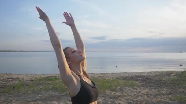 Visão traseira da silhueta da mulher fazendo ioga em pose de árvore meditando em uma rocha junto ao mar com o pôr do sol — Vídeo de Stock