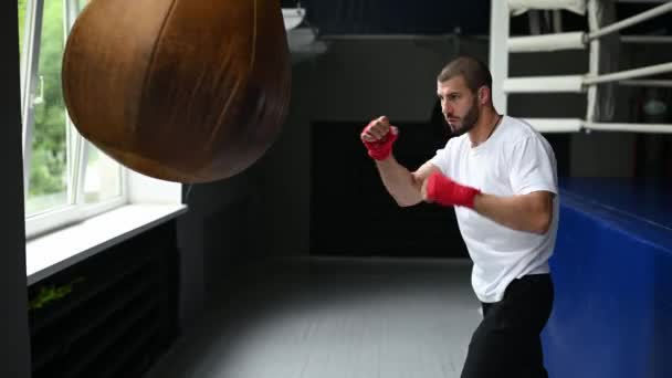 近身男子拳击手拳击袋，慢动作 — 图库视频影像