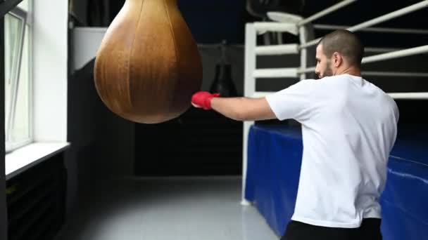 Fechar Boxer masculino boxe no saco de perfuração, câmera lenta — Vídeo de Stock