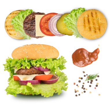 Burger ve beyaz arka plan üzerinde izole hamburger yapmak için malzemeler.