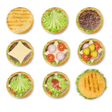 yemek hamburger adım adım, üst noktasından fotoğraflandı. Beyaz arka plan üzerinde izole