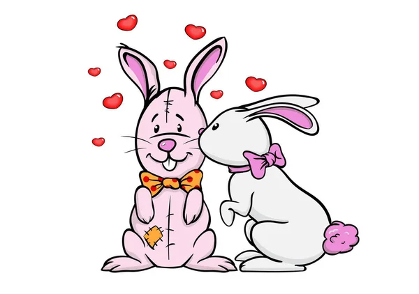 非常可爱的玩具兔子女孩亲吻玩具兔子男孩的脸颊 情人节卡片 矢量插图 — 图库矢量图片