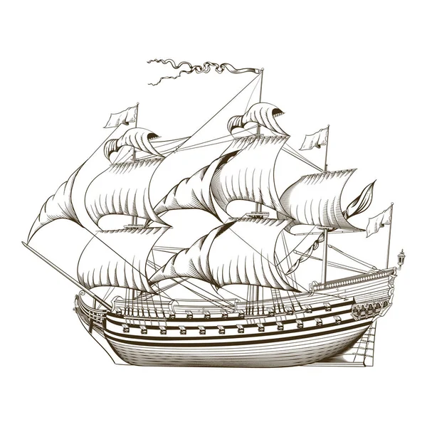 Engraving Style Line Illustration Sailing Ship Vector — Stock Vector