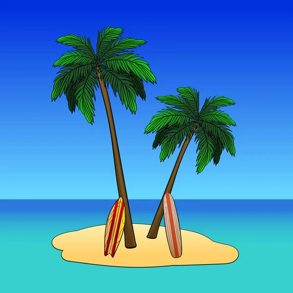 Ilha tropical com palmeiras acampamento de surf de verão — Vetor de Stock