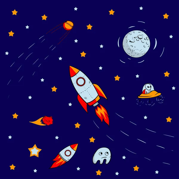 Padrão sem costura para viagem ao espaço com estrelas esboço, foguete, cometas, planetas e ufo, vetor — Vetor de Stock