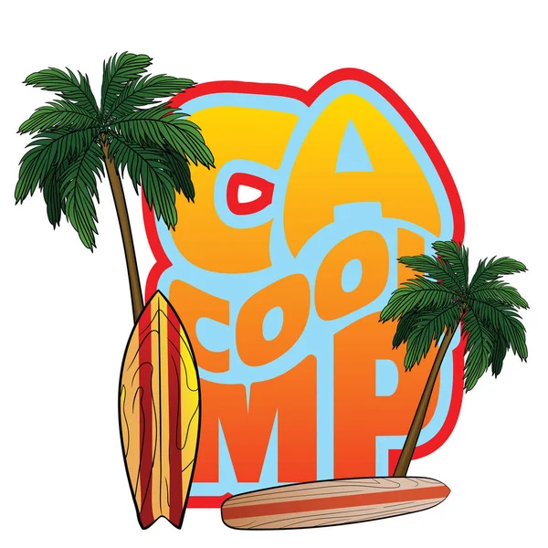 Palavra acampamento com cor laranja, com palmeiras e pranchas de surf adequado para design de logotipo ou t-shirt — Vetor de Stock