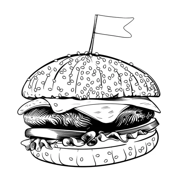 Hamburger Tuschezeichnung. Design Vektor Logo Template Element. Fast-Food-Restaurant Menü Symbol. Burger-Sandwich-Sketch. großer saftiger Cheeseburger mit Käse und Fleisch. — Stockvektor