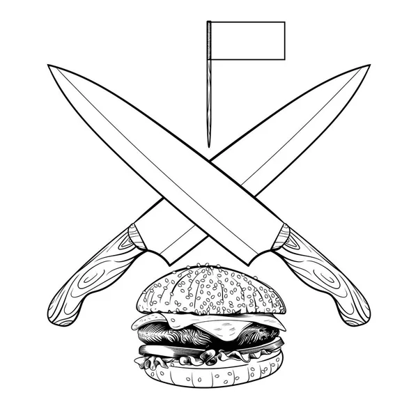 Hamburger, Hamburger mes, grote heerlijke sandwich, vector illustratie, vintage stijl geschilderd — Stockvector