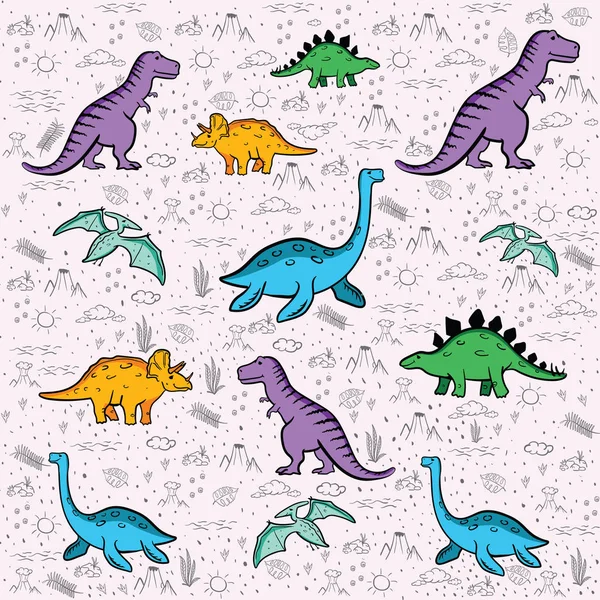 Seamless vector pattern in black and white on a white background with  various cute cartoon dinosaurs, palm trees, leaves. for Wallpaper, printing  on fabric, paper, for childrens coloring books Stock Vector by ©