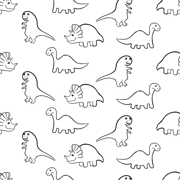 Padrão crianças sem costura com dinossauros preto e branco. Ilustração vetorial, projeto de animais selvagens, répteis, para impressão em tecido, vestuário, papel de embalagem, roupa de cama, impressão, cartões postais . —  Vetores de Stock