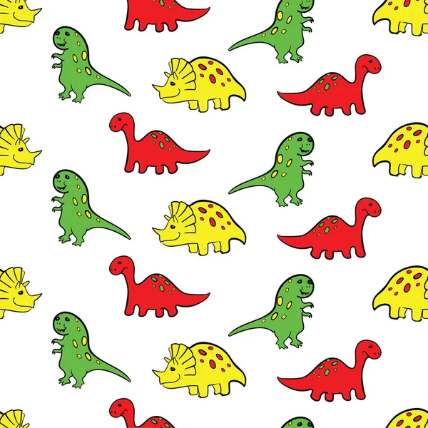 Dinossauros bonitos sem costura padrão. Um dino engraçado de desenhos animados. Desenho de doodle vetorial desenhado à mão para crianças. Ilustração de crianças desenhada à mão para roupas de moda, camisa, tecido —  Vetores de Stock