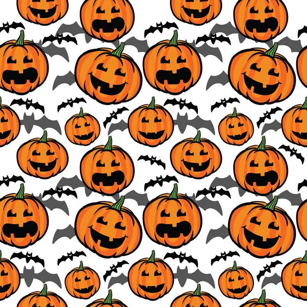 Jack O Lantern i tło sylwetki nietoperza. Halloween Pumpkin Tapety - ilustracja wektor. śmieszne, przerażające, bezproblemowy wzór dla dzieci — Wektor stockowy