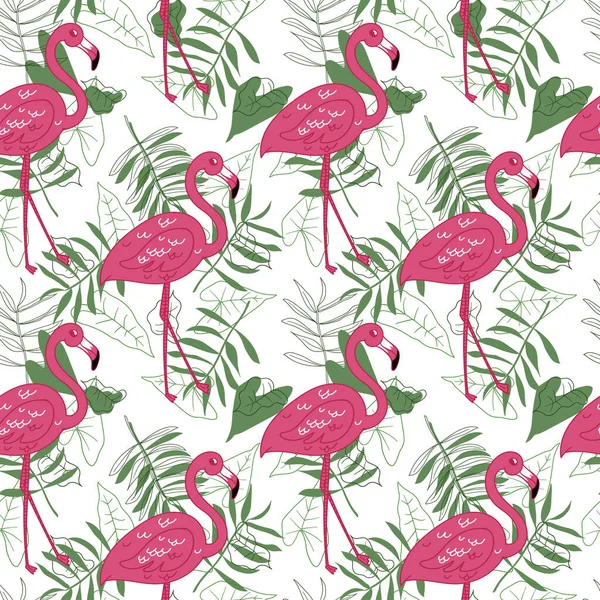 Delicate seamless vector pattern with pink flamingos on a white background with green palm leaves. Tropical pattern — Stock Vector