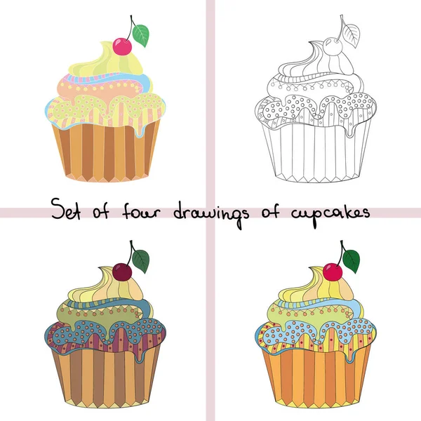 Conjunto Cupcakes Colores Estilo Doodle Vector — Archivo Imágenes Vectoriales