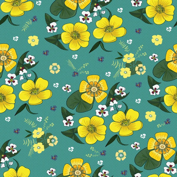 Yellow and white flowers with green leaves and floral elements on the blue background. vector seamless pattern with summer flowers. Potbelly, Buttercup, Arrowhead — Stock Vector