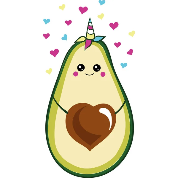 Estampado fresco con unicornio de aguacate de dibujos animados. Divertida caricatura aguacate comida saludable, kawaii. icono de vector aislado sobre un fondo blanco — Vector de stock