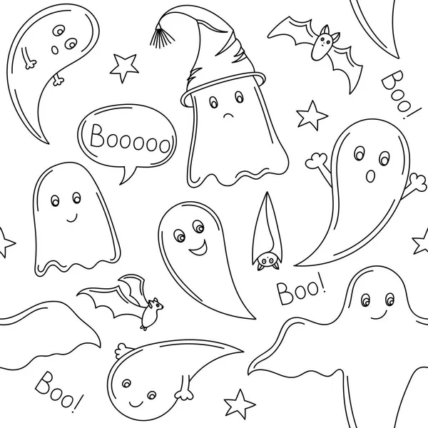 Modello senza cuciture con fantasmi di Halloween disegnati a mano, pipistrello, vettore. Stile Doodle, pagina da colorare — Vettoriale Stock