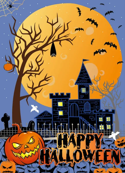 Wesołego Halloween plakat, wektor ilustracji. ze złą dynią, nietoperzami, zamkiem i tekstem Happy Halloween — Wektor stockowy