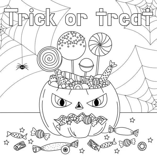 Dolcetto o scherzetto da colorare pagina. Pagina da colorare di Halloween per bambini. Bambini dei cartoni animati in costumi di Halloween. Bel ragno. illustrazione vettoriale — Vettoriale Stock