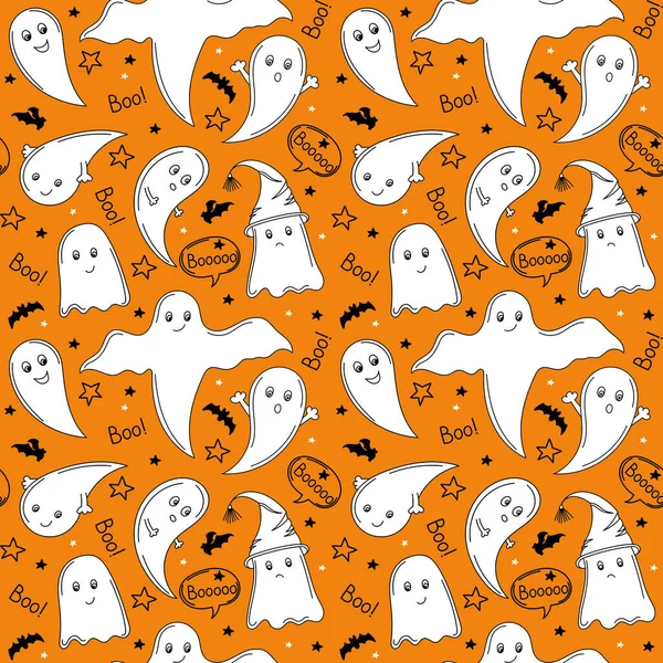Niedliche weiße Geister auf orangefarbenem Hintergrund. Illustration eines fröhlichen Halloween. Nahtloses Vektormuster mit Geistern des Kinderzeichnungsstils. Flaches Design. Geister mit unterschiedlicher Mimik — Stockvektor