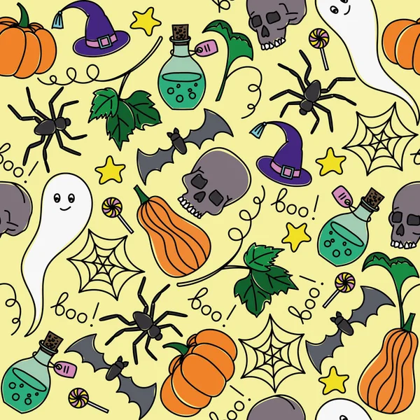 Modello senza cuciture vettoriale per Halloween. Zucca, fantasma, pipistrello, caramelle e altri oggetti sul tema di Halloween. Luminoso modello di cartone animato per Halloween — Vettoriale Stock