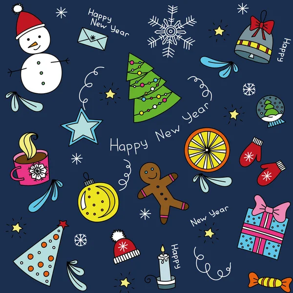 Neues Jahr nahtloses Vektormuster mit Cartoon-Weihnachtselementen auf blauem Hintergrund — Stockvektor
