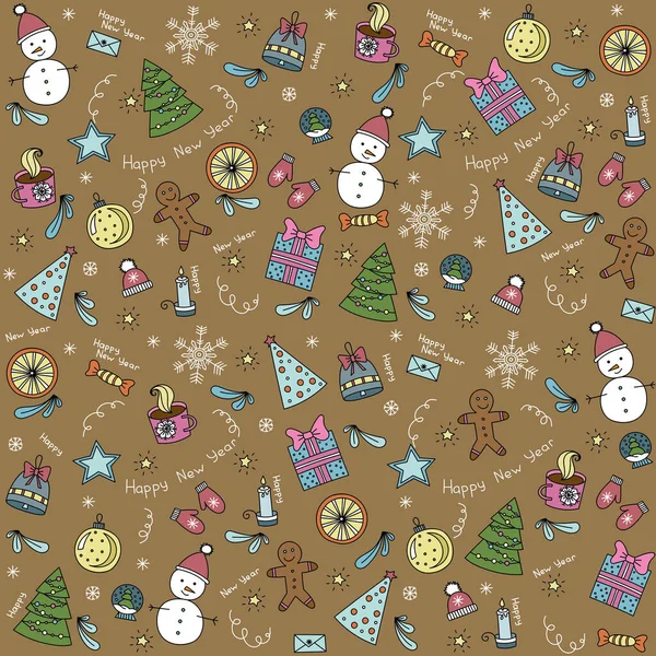 Jul ikoner sömlöst mönster, Happy Winter Holiday kakel bakgrund. Doodle kontur prydnads designelement — Stock vektor