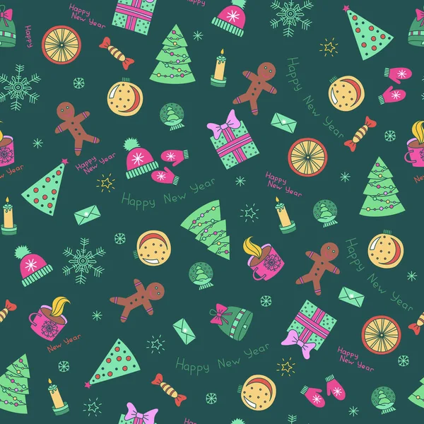 Иконы устанавливают рождественскую и новогоднюю бесшовную векторную иллюстрацию. цветные иконы на тему нового года на зеленом фоне — стоковый вектор