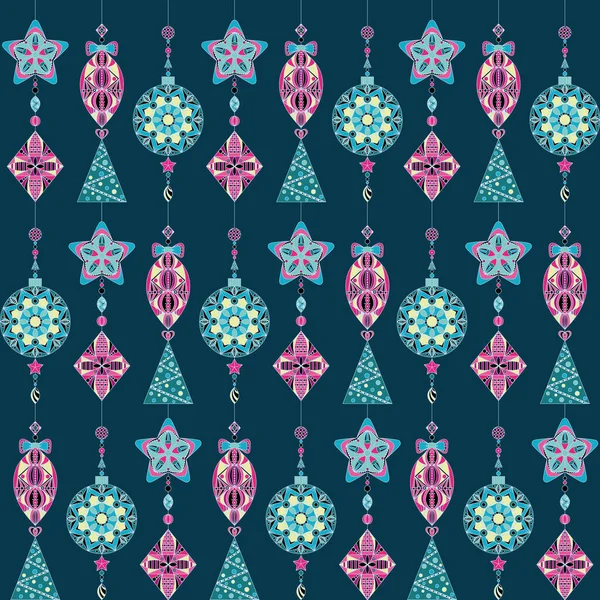 Vector Christmas pattern with Christmas tree toys on a dark background. New years background. for wrapping paper, postcards, textiles — Stock Vector