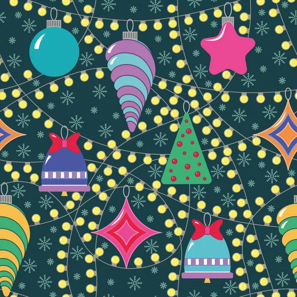 灯泡的圣诞花环的无缝图案。新年包装、面料、横幅设计的矢量图解 — 图库矢量图片