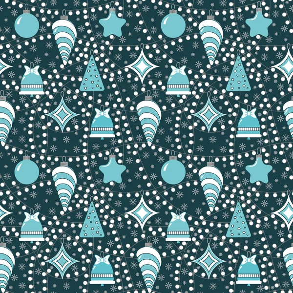 Weihnachten nahtlose Muster mit Girlanden. In grauen, blauen und weißen Farben. Girlanden mit Glühbirnen und Weihnachtsspielzeug — Stockvektor