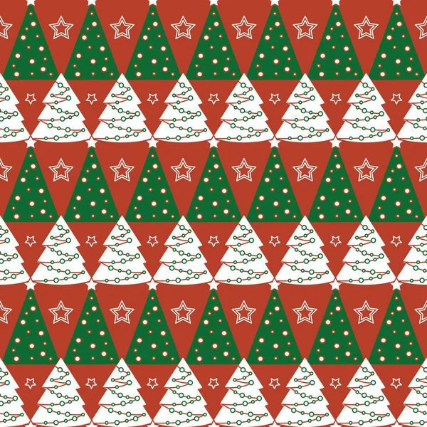 Weihnachtsbaum nahtlose Muster. Geometrisches Muster mit Weihnachtsbäumen und Sternen. Rote, grüne und weiße Farben — Stockvektor